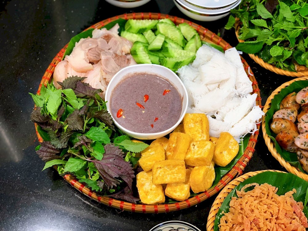 An enticing platter of bun dau with all the ingredients, full of Hanoi's culinary character